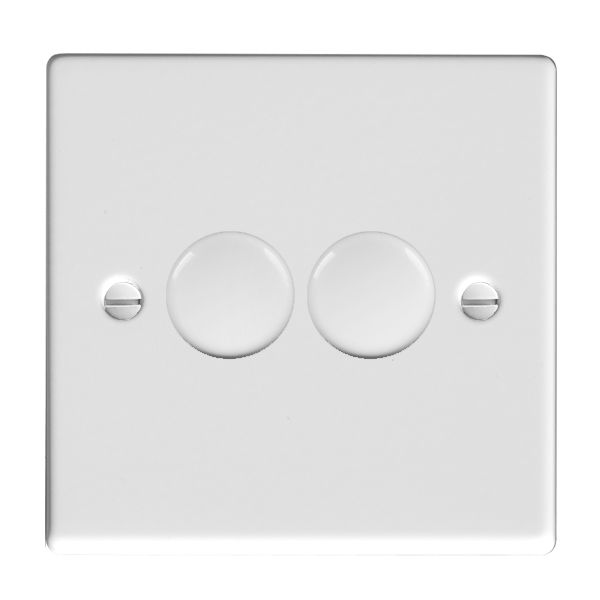 Hamilton Hartland Gloss White 2 Gang 100W 2 Way Push On/Off Rotary Switching LED Dimmer with Gloss White Knobs
