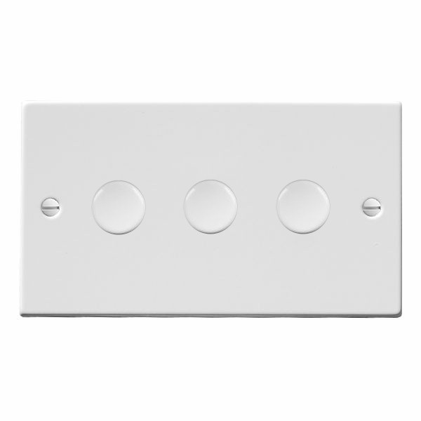 Hamilton Hartland Gloss White 3 Gang 100W 2 Way Push On/Off Rotary Switching LED Dimmer with Gloss White Knobs