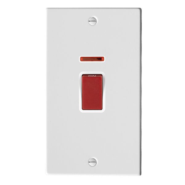 Hamilton Hartland Gloss White 45A Vertical Double Pole Switch and Neon with Red Rocker and White Surround