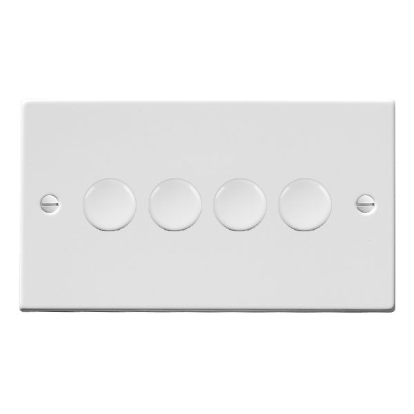 Hamilton Hartland Gloss White 4 Gang 100W 2 Way Push On/Off Rotary Switching LED Dimmer with Gloss White Knobs