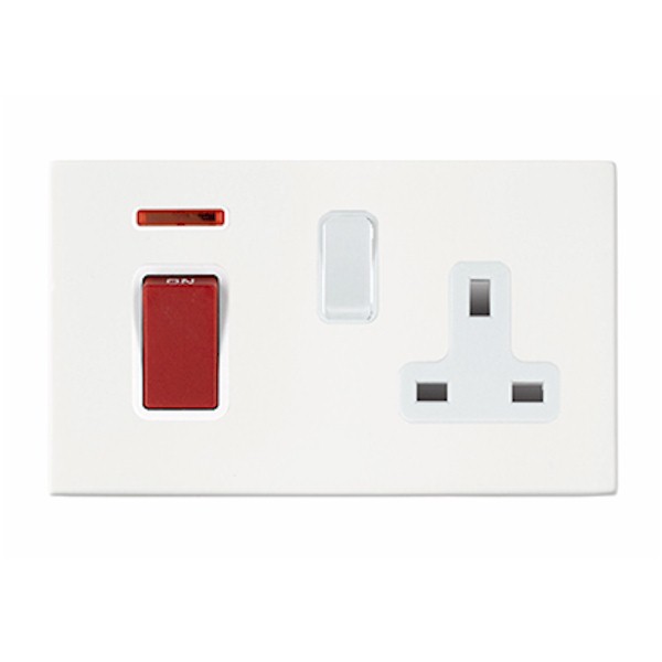 Hamilton Hartland CFX Gloss White 45A Double Pole Switch with Red Rocker and Neon plus 13A Switched Socket with White Rocker and White Surround