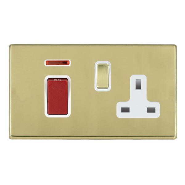 Hamilton Hartland CFX Polished Brass 45A Double Pole Switch with Red Rocker and Neon plus 13A Switched Socket with Polished Brass Rocker and White Surround