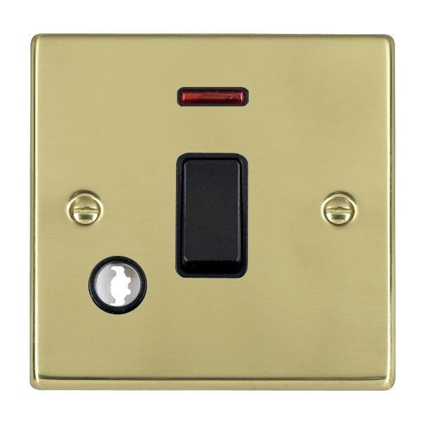 Hamilton Hartland Polished Brass 1 Gang 20AX Double Pole Switch, Neon and Cable Outlet with Black Rocker and Black Surround