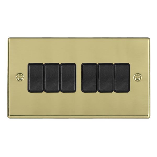 Hamilton Hartland Polished Brass 6 Gang 10AX 2 Way Switch with Black Rockers and Black Surround