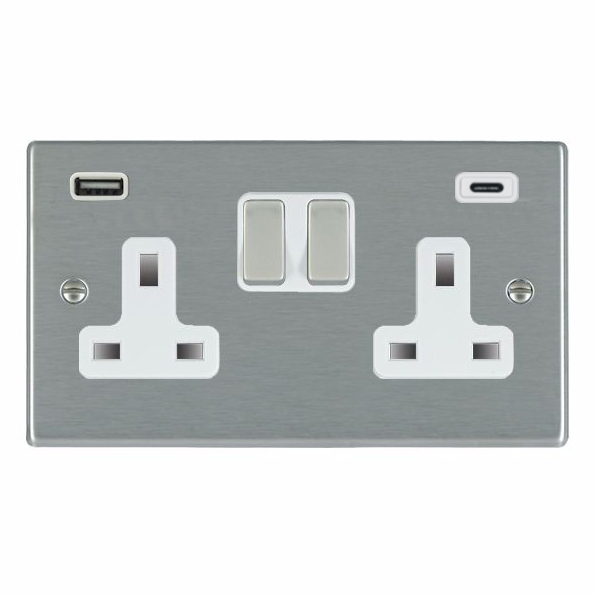 Hamilton Hartland Satin Steel 2G 13A Double Pole Switched Socket with 1 USB + 1 USB Type C Outlet 2x2.4A Satin Steel/White