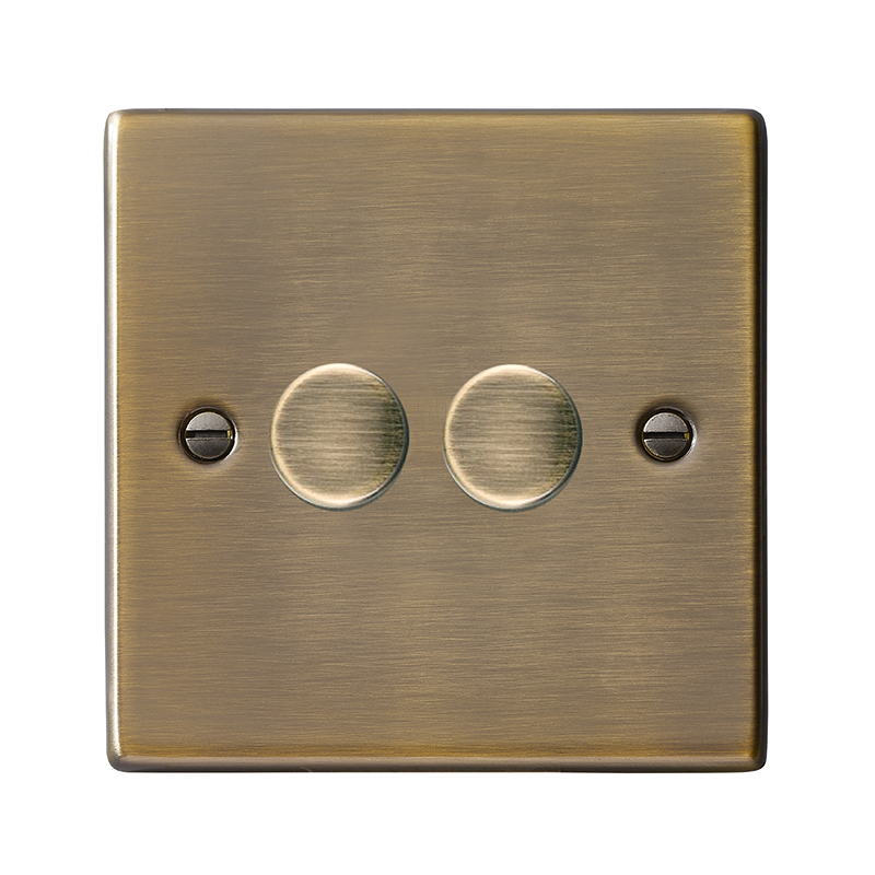 Hamilton Hartland Antique Brass 2G 100W LED 2 Way Push On/Off Rotary Dimmer Antique Brass