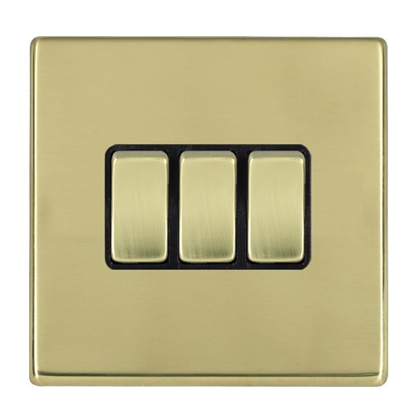 Hamilton 7G21R23PB-B Hartland G2 Polished Brass 3 Gang 10AX 2 Way Switch with Polished Brass Rocker and Black Surround