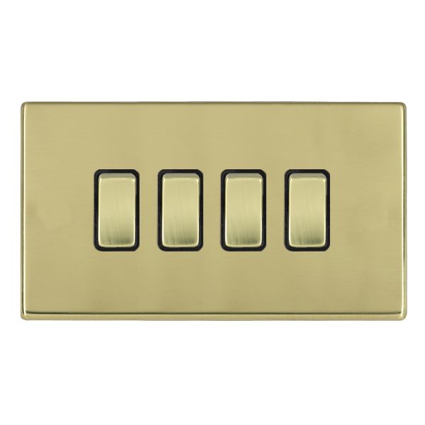 Hamilton 7G21R24PB-B Hartland G2 Polished Brass 4 Gang 10AX 2 Way Switch with Polished Brass Rocker and Black Surround