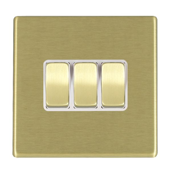 Hamilton 7G22R23SB-W Hartland G2 Satin Brass 3 Gang 10AX 2 Way Switch with Satin Brass Rocker and White Surround