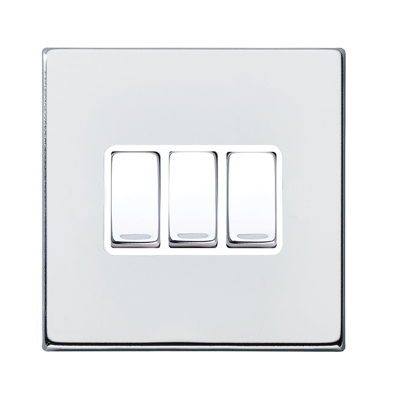 Hamilton 7G27R23BC-B Hartland G2 Bright Chrome 3 Gang 10AX 2 Way Switch with Bright Chrome Rocker and White Surround