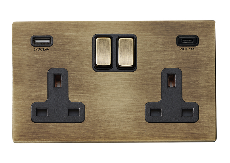 Hamilton Hartland G2 Antique Brass 2 gang 13A Double Pole Switched Socket with 1 USB + 1 USB Type C Outlet 2x2.4A Antique Brass/Black