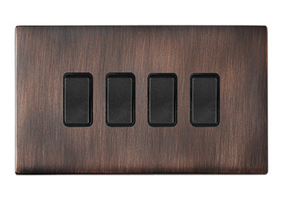 Hamilton 7G2EBR24EB-B Hartland G2 Etrium Bronze 4 Gang 10AX 2 Way Switch with Black Rocker and Black Surround