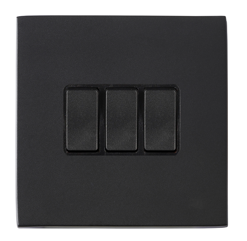 Hamilton 7G2MBR23BL-B Hartland G2 Matt Black 3 Gang 10AX 2 Way Switch with Black Rocker and Black Surround