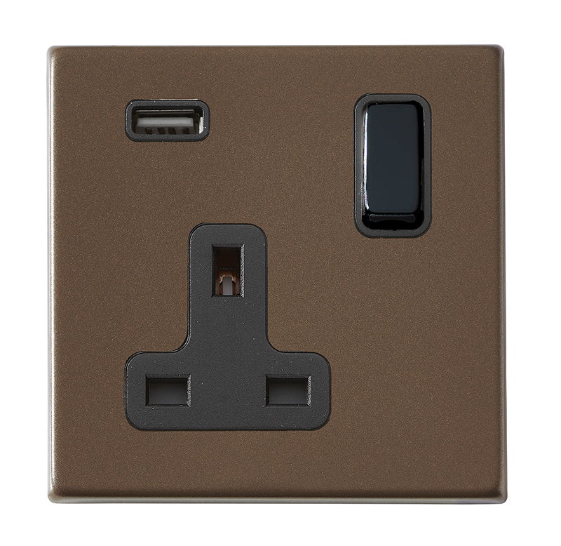 Hamilton Hartland G2 Richmond Bronze 1 Gang 13A Double Pole Switched Socket with Black Rocker and Black Surround