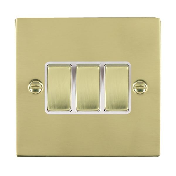 Hamilton Sheer Polished Brass 3 Gang 10AX 2 Way Switch with Polished Brass Rockers and White Surround