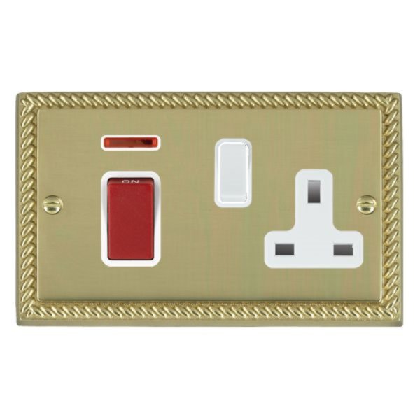 Hamilton 9045SS1WH-W Cheriton Georgian Polished Brass 45A Double Pole Switch with Red Rocker and Neon plus 13A Switched Socket with White Rocker and White Surround