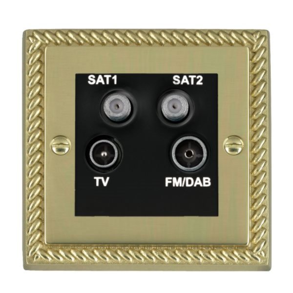 Hamilton 90DENTB Cheriton Georgian Polished Brass Non-Isolated TV+FM+SAT1+SAT2 2 In/4 Out Quadplexer with Black Insert