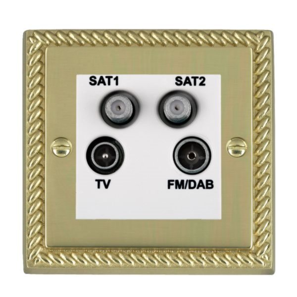 Hamilton 90DENTW Cheriton Georgian Polished Brass Non-Isolated TV+FM+SAT1+SAT2 2 In/4 Out Quadplexer with White Insert