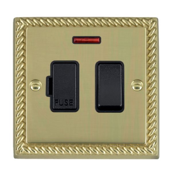 Hamilton 90SPNBL-B Cheriton Georgian Polished Brass 13A Double Pole Switched Fused Spur and Neon with Black Insert and Black Surround