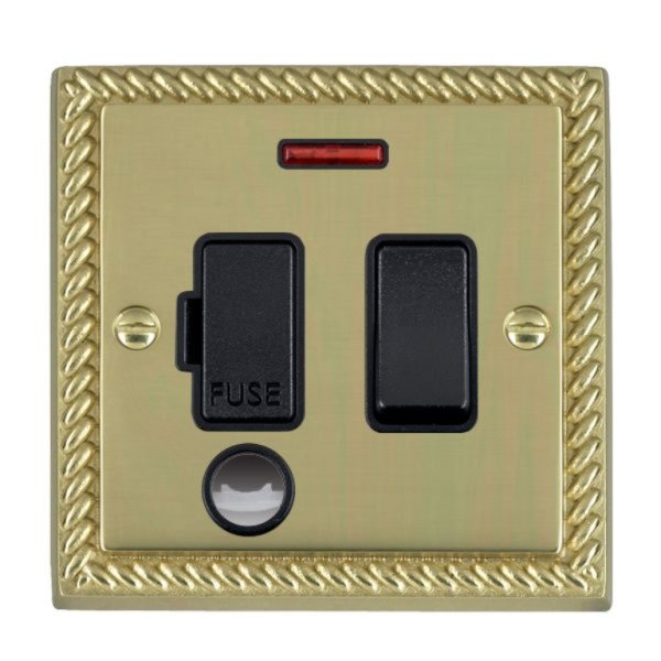 Hamilton 90SPNCBL-B Cheriton Georgian Polished Brass 13A Double Pole Switched Fused Spur, Neon and Cable Outlet with Black Insert and Black Surround