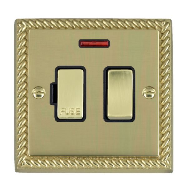 Hamilton 90SPNPB-B Cheriton Georgian Polished Brass 13A Double Pole Switched Fused Spur and Neon with Polished Brass Insert and Black Surround