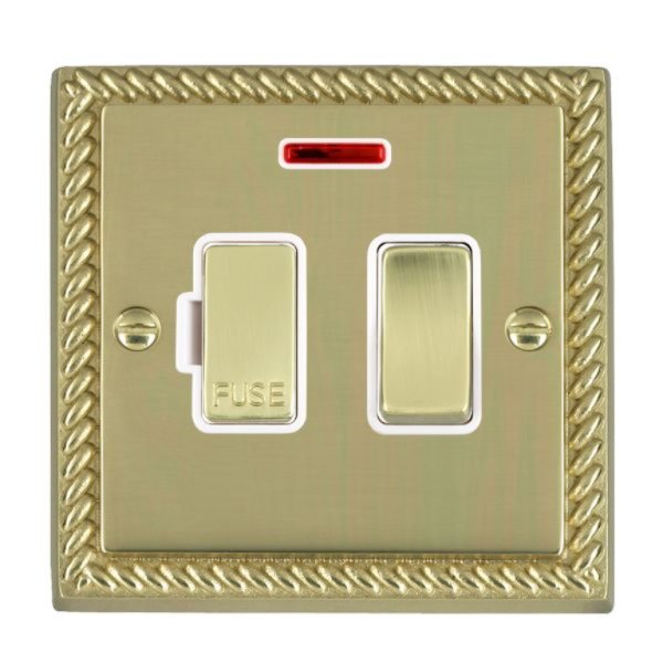 Hamilton 90SPNPB-W Cheriton Georgian Polished Brass 13A Double Pole Switched Fused Spur and Neon with Polished Brass Insert and White Surround