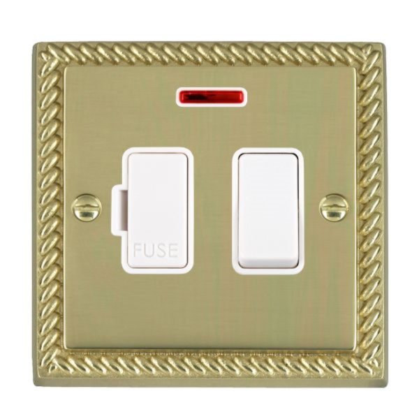 Hamilton 90SPNWH-W Cheriton Georgian Polished Brass 13A Double Pole Switched Fused Spur and Neon with White Insert and White Surround