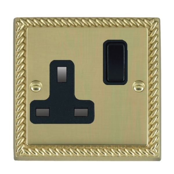 Hamilton 90SS1BL-B Cheriton Georgian Polished Brass 1 Gang 13A Double Pole Switched Socket with Black Rocker and Black Surround