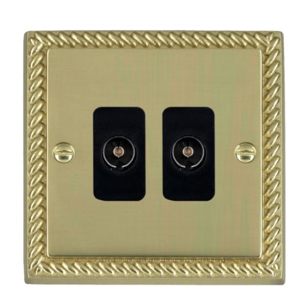 Hamilton 90TV2B Cheriton Georgian Polished Brass 2 Gang Non-Isolated 2 In/2 Out TV Socket with Black Insert