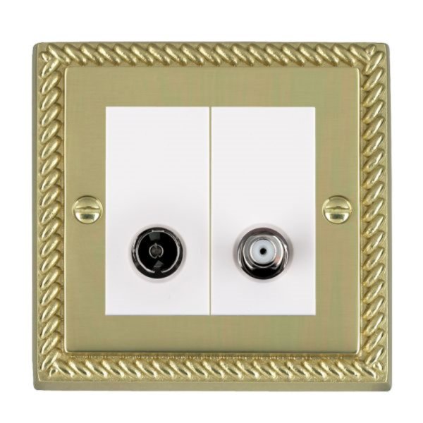 Hamilton 90TVSATW Cheriton Georgian Polished Brass Non-Isolated 2 In/2 Out TV and Satellite Socket with White Insert