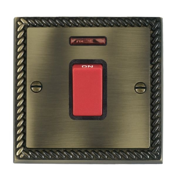 Hamilton 9145NB Cheriton Georgian Antique Brass 45A Double Pole Switch and Neon with Red Rocker and Black Surround
