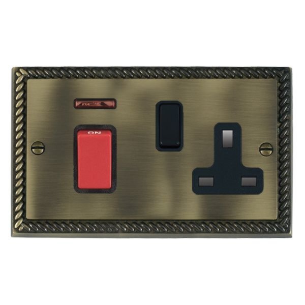 Hamilton 9145SS1BL-B Cheriton Georgian Antique Brass 45A Double Pole Switch with Red Rocker and Neon plus 13A Switched Socket with Black Rocker and Black Surround