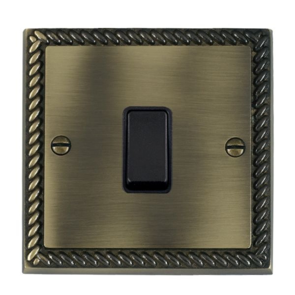 Hamilton 91DPBL-B Cheriton Georgian Antique Brass 20AX Double Pole Switch with Black Rocker and Black Surround