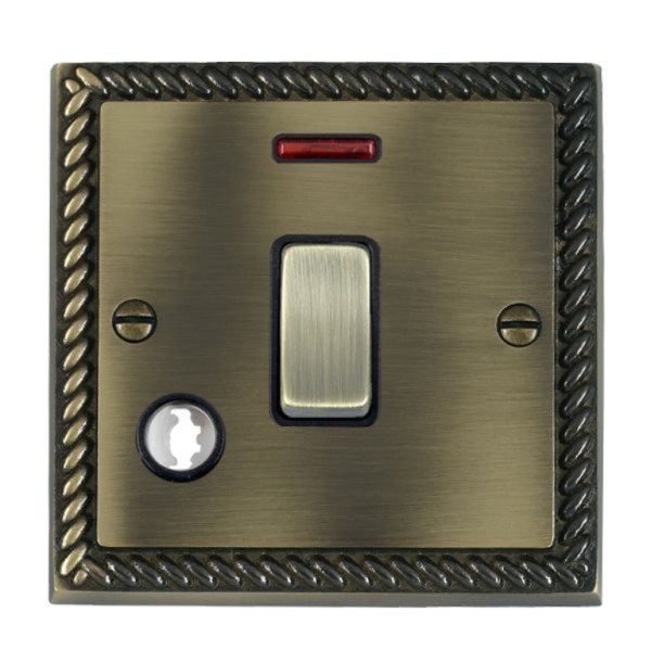 Hamilton 91DPNCAB-B Cheriton Georgian Antique Brass 1 Gang 20AX Double Pole Switch, Neon and Cable Outlet with Antique Brass Rocker and Black Surround