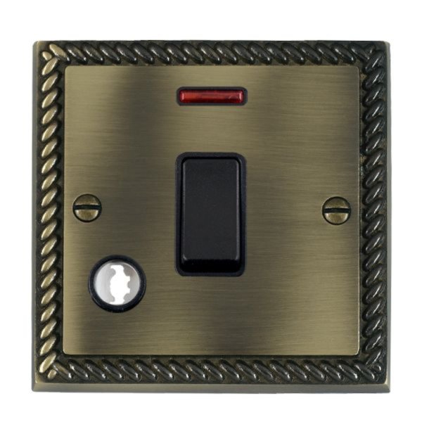 Hamilton 91DPNCBL-B Cheriton Georgian Antique Brass 1 Gang 20AX Double Pole Switch, Neon and Cable Outlet with Black Rocker and Black Surround