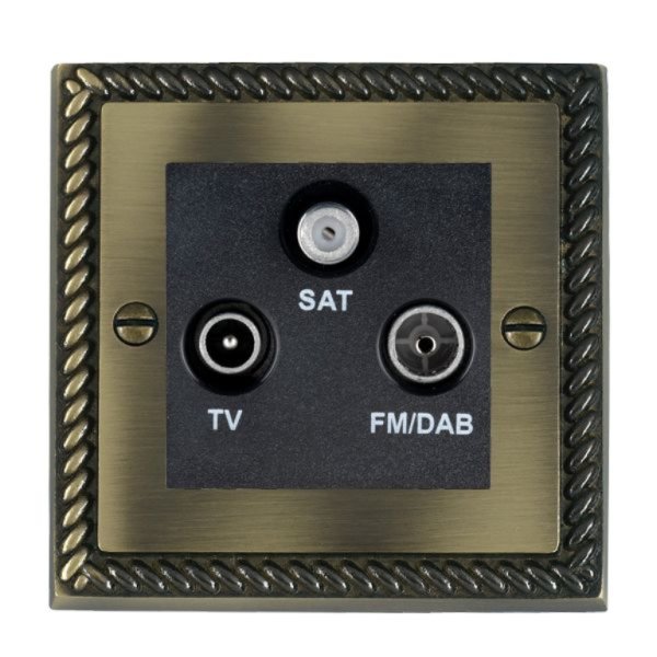 Hamilton 91DTRIDB Cheriton Georgian Antique Brass Non-Isolated TV+FM+SAT 1 In/3 Out Triplexer with Black Insert