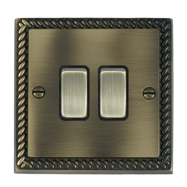 Hamilton 91R22AB-B Cheriton Georgian Antique Brass 2 Gang 10AX 2 Way Switch with Antique Brass Rockers and Black Surround