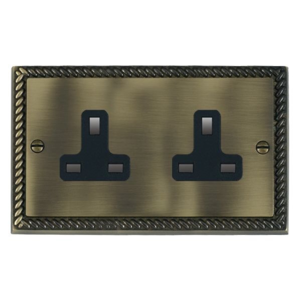 Hamilton 91US99B Cheriton Georgian Antique Brass 2 Gang 13A Unswitched Socket with Black Insert