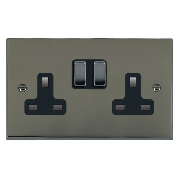 Hamilton Cheriton Victorian Black Nickel 2 Gang 13A Double Pole Switched Socket with Black Nickel Rockers and Black Surround