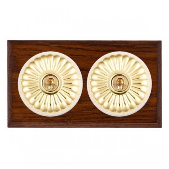Hamilton Bloomsbury Chamfered Antique Mahogany 2 Gang 20AX 2 Way Toggle Switch with Polished Brass Fluted Dome and White Collar
