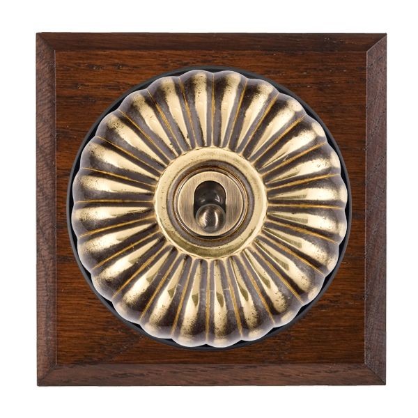 Hamilton Bloomsbury Chamfered Antique Mahogany 1 Gang 20AX Intermediate Toggle Switch with Antique Brass Fluted Dome and Black Collar