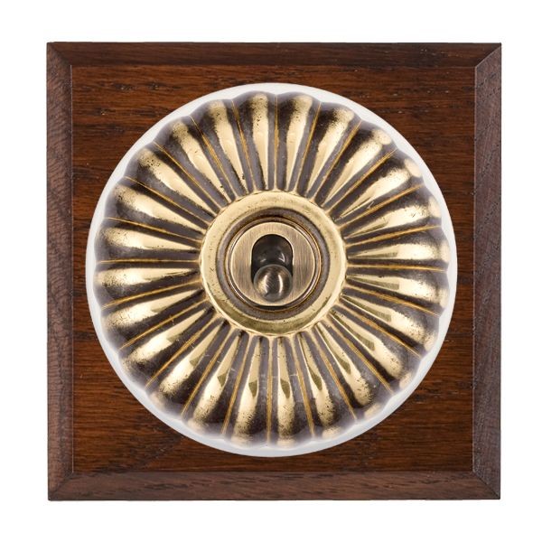 Hamilton Bloomsbury Chamfered Antique Mahogany 1 Gang 20AX Intermediate Toggle Switch with Antique Brass Fluted Dome and White Collar