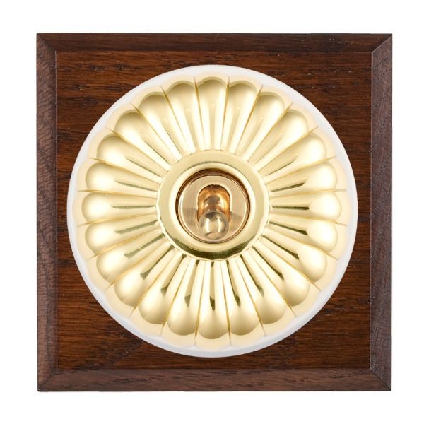 Hamilton Bloomsbury Chamfered Antique Mahogany 1 Gang 20AX Intermediate Toggle Switch with Polished Brass Fluted Dome and White Collar