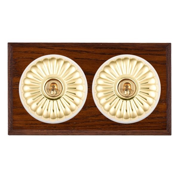 Hamilton Bloomsbury Chamfered Antique Mahogany 2 Gang 20AX Intermediate Toggle Switch with Polished Brass Fluted Dome and White Collar