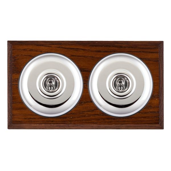 Hamilton BCAPT22BC-B Bloomsbury Chamfered Antique Mahogany 2 Gang 20AX 2 Way Toggle Switch with Bright Chrome Plain Dome and Black Collar