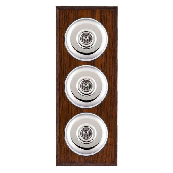 Hamilton BCAPT23BC-B  Bloomsbury Chamfered Antique Mahogany 3 Gang 20AX 2 Way Toggle Switch with Bright Chrome Plain Dome and Black Collar