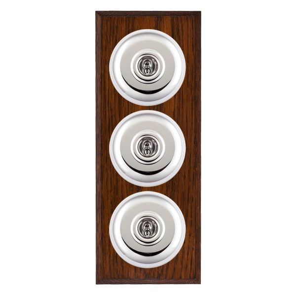 Hamilton BCAPT23BC-W Bloomsbury Chamfered Antique Mahogany 3 Gang 20AX 2 Way Toggle Switch with Bright Chrome Plain Dome and White Collar