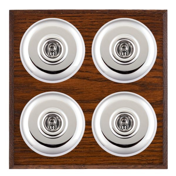 Hamilton BCAPT24BC-W Bloomsbury Chamfered Antique Mahogany 4 Gang 20AX 2 Way Toggle Switch with Bright Chrome Plain Dome and White Collar