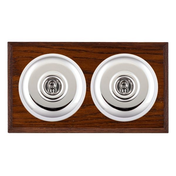 Hamilton BCAPT32BC-W Bloomsbury Chamfered Antique Mahogany 2 Gang 20AX Intermediate Toggle Switch with Bright Chrome Plain Dome and White Collar
