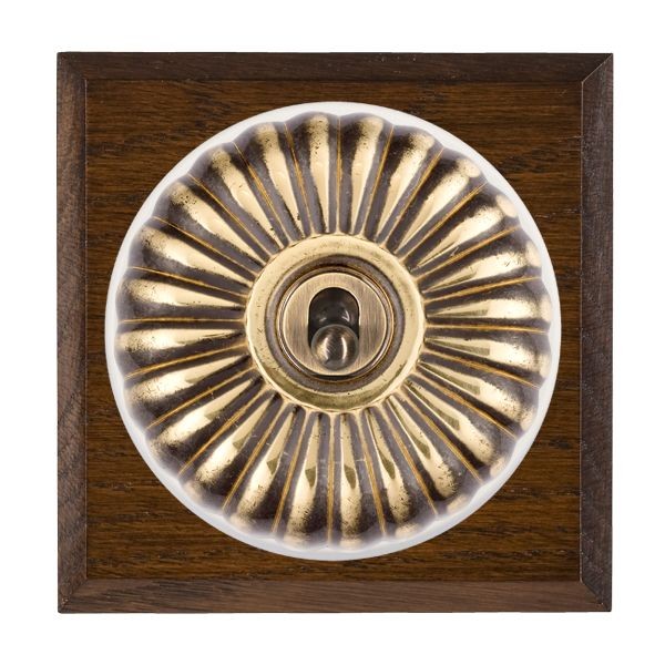 Hamilton Bloomsbury Chamfered Dark Oak 1 Gang 20AX Intermediate Toggle Switch with Antique Brass Fluted Dome and White Collar